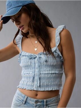American Eagle Outfitters Light Blue Ruffle Smocked Crop Top
